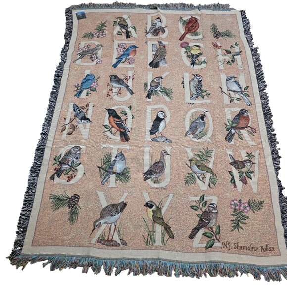 Bird Alphabet Throw Blanket Manual Woodworkers & Weavers 100% Cotton Made In USA - Picture 1 of 6